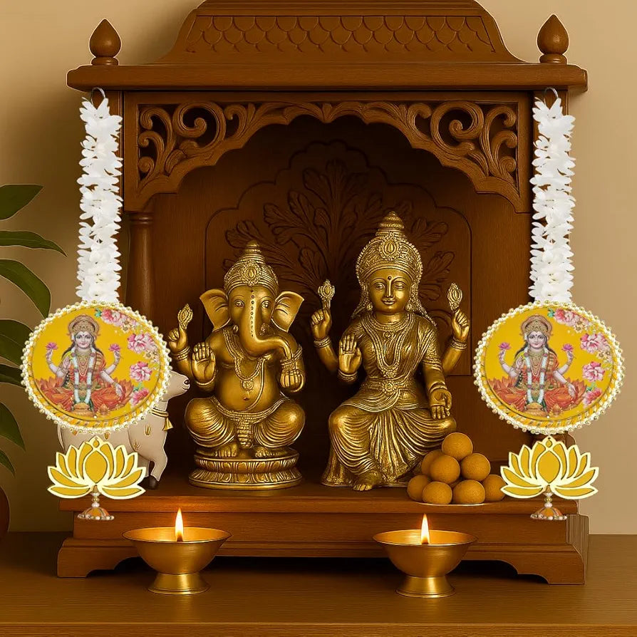 Handmade Artificial Laxmi Ji Decorative Hanging with Lotus & Garland Set of 2
