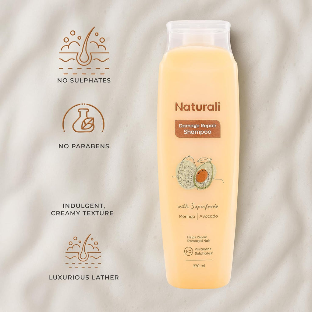 Naturali Damage Repair Shampoo | Improves Damaged Hair In Just 4 Uses | With Avocado & Moringa Oil | Sulphate Free | For Women | Shampoo for Frizzy and Dry Hair | Paraben Free | 370 ml