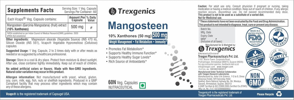 Trexgenics MANGOSTEEN 10% Xanthones 500 mg Fat Metabolism, Sugar Levels, Immunity, Weight Management Support VEGAN & NON-GMO (60 Veg. Capsules) (Pack of 1)