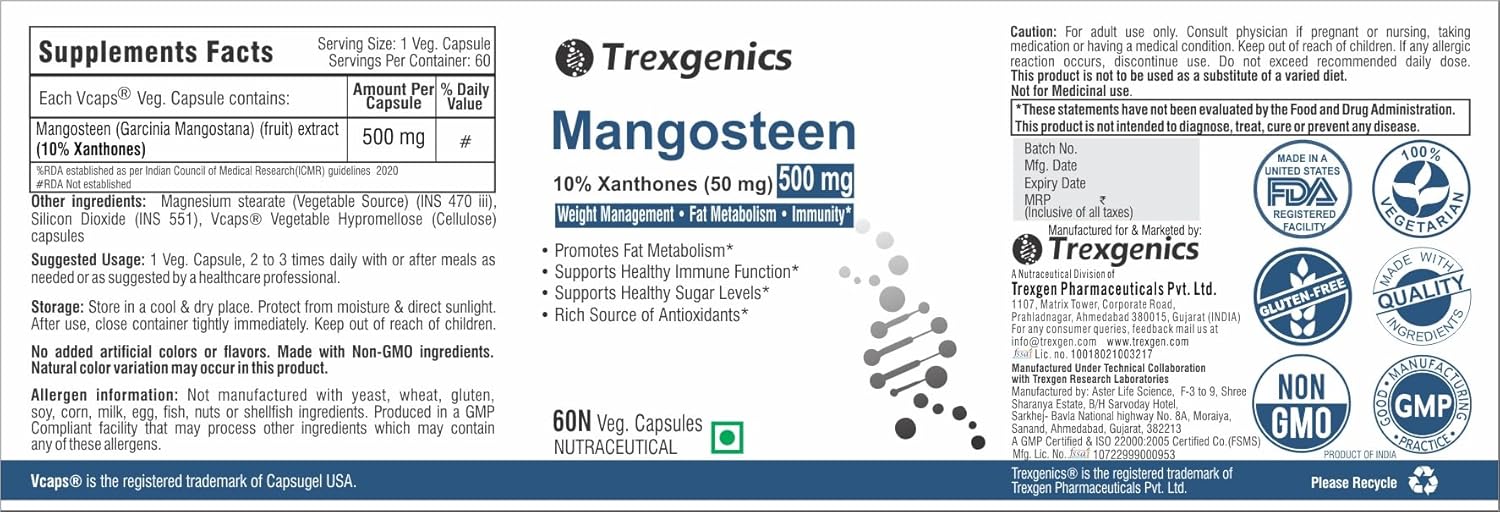 Trexgenics MANGOSTEEN 10% Xanthones 500 mg Fat Metabolism, Sugar Levels, Immunity, Weight Management Support VEGAN & NON-GMO (60 Veg. Capsules) (Pack of 1)
