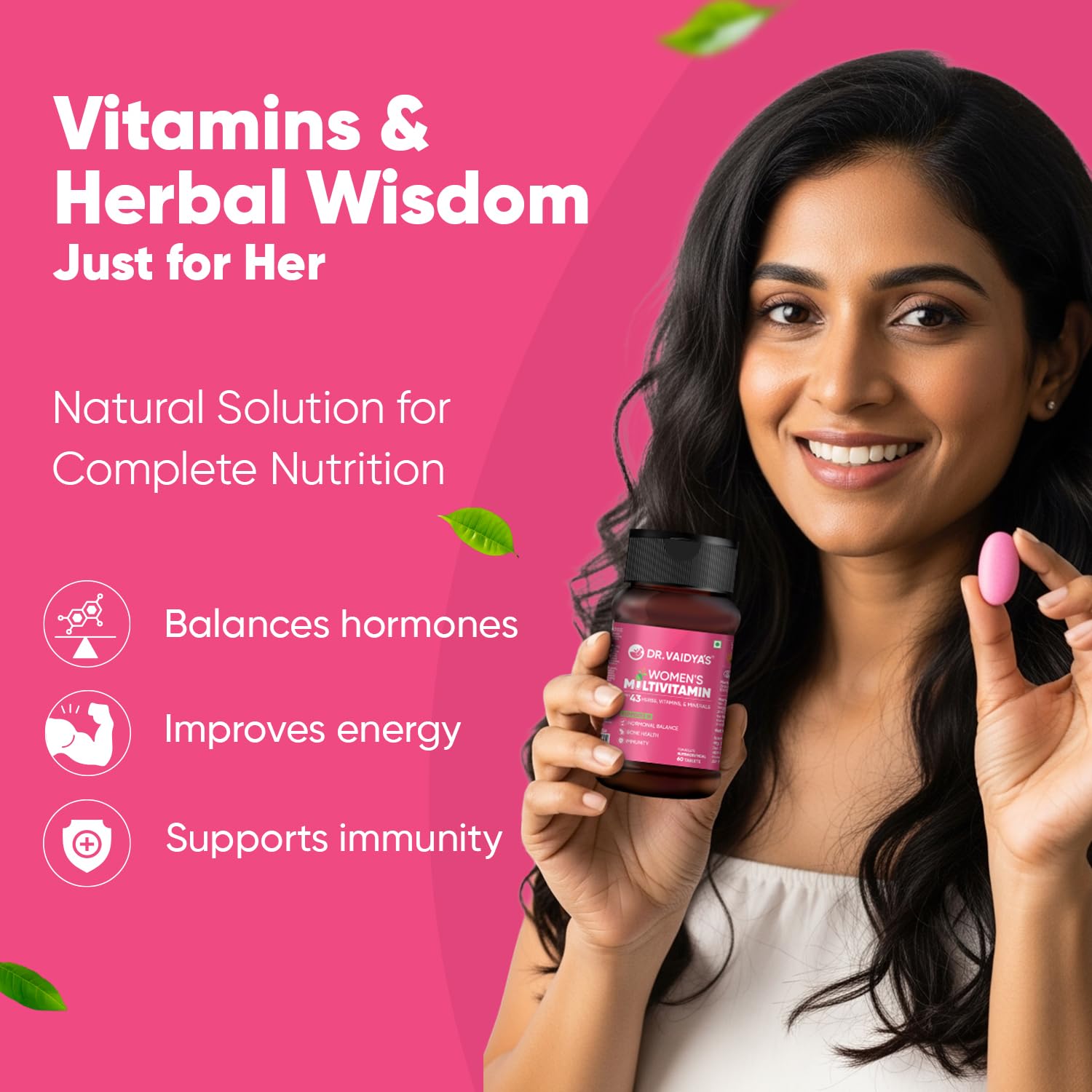 Dr. Vaidyaâ€™s Multivitamin for Women | Natural Multivitamin Enriched with Ayurvedic Herbs like Shatavari | Goodness of Calcium and Vitamin D3 tablets, Magnesium supplement, Vitamin B12 supplements & Herbal Extracts | (60 tablets) Pack of 1