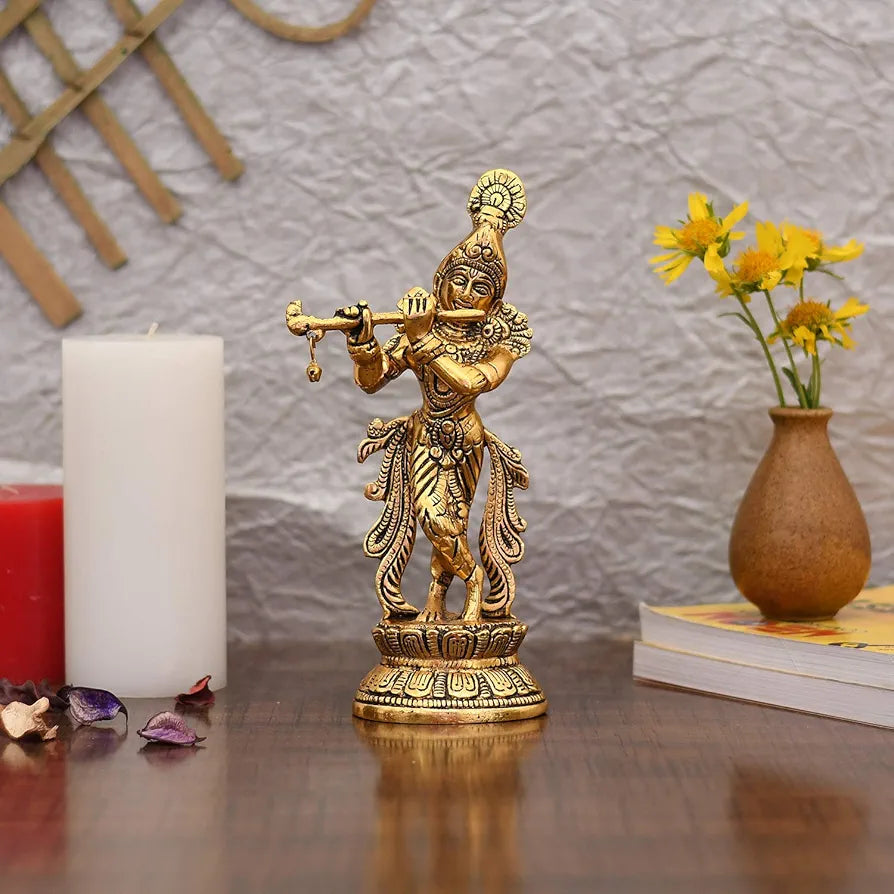 Collectible India Lord Krishna Idol Statue Krishna Idols Gold Plated Flute Playing Krishan