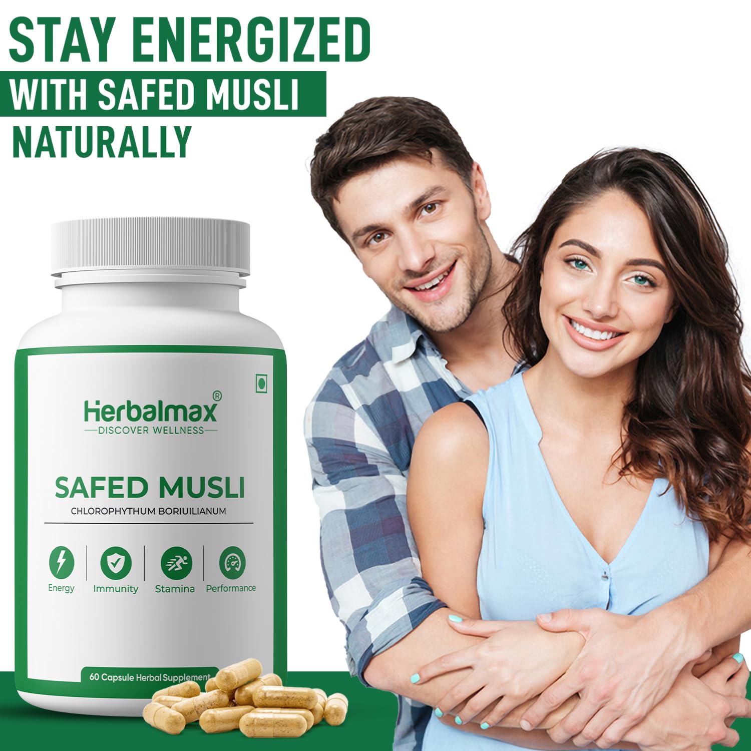 Herbalmax Safed Musli 800mg | With Shilajit, Ashwagandha & Gokshura | Natural Energy, Immunity Boost, Stamina & Stress Relief | Enhances Performance & Body Strength for Men & Women â€“ 60 Veg Capsules