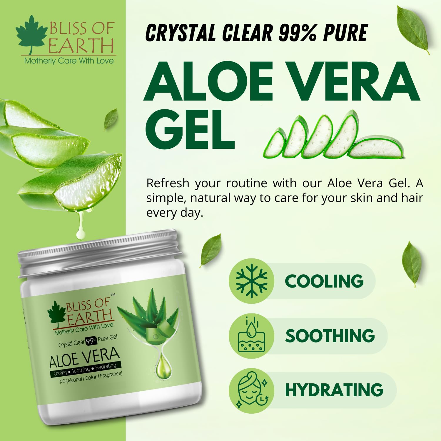 Bliss of Earth Aloe Vera Gel Pure Crystal Clear | Best For Face, Body & Hair | Effective Cooling, Soothing & Hydrating | Colour and Fragrance free Alcohol and Paraben Free | 200GM