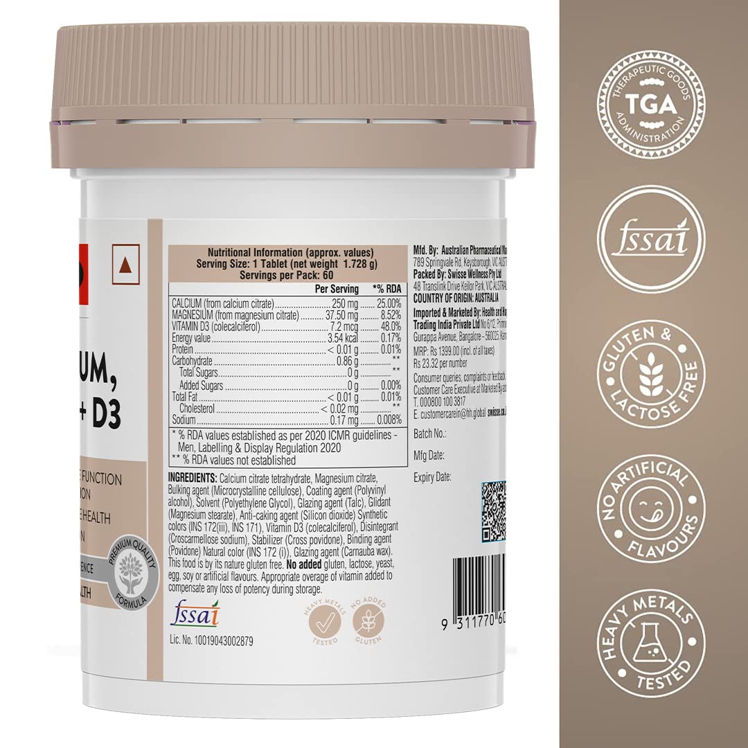 Swisse Magnesium, Calcium+D3 Supports Muscle Function, Energy & Bone Health (Manufactured In Australia) - 60 Tablets (1 Tablet Per Serving)
