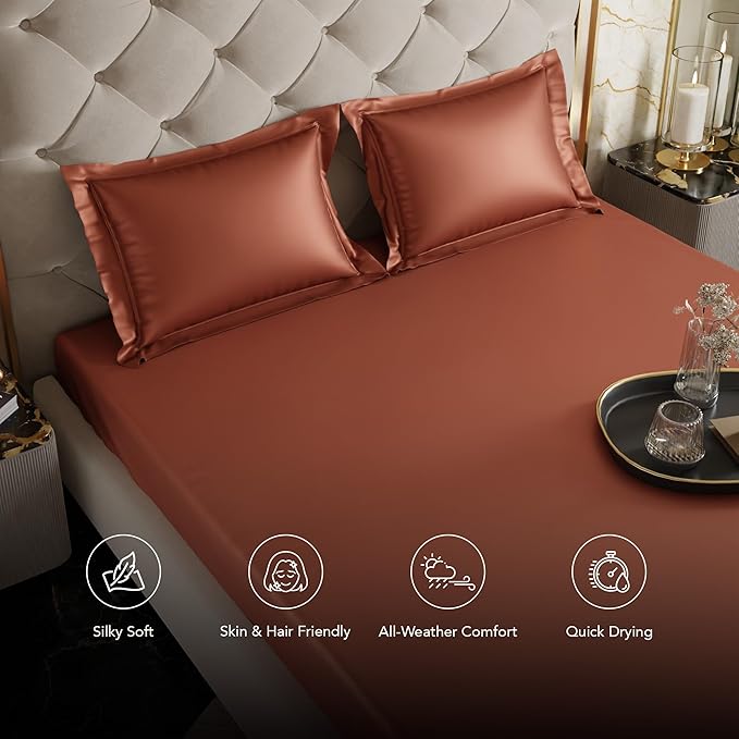 Stoa Paris Satin Elastic Fitted Bedsheets for Double Bed 300TC Premium 2 Pillow Covers Colour Melted Caramel