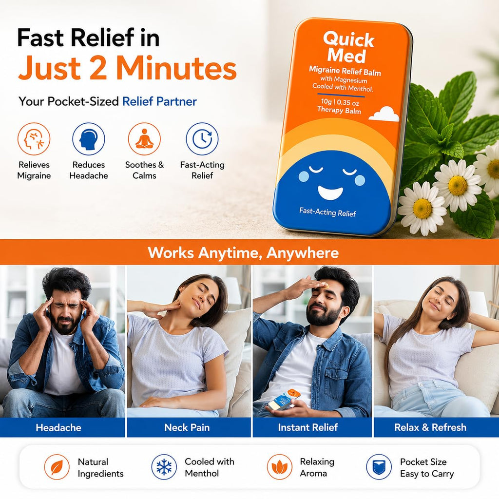 Quick Med Migraine Relief Balm 10g – Fast Relief in Just 2 Minutes | Cooling Menthol Formula | Pocket-Size Therapy Balm