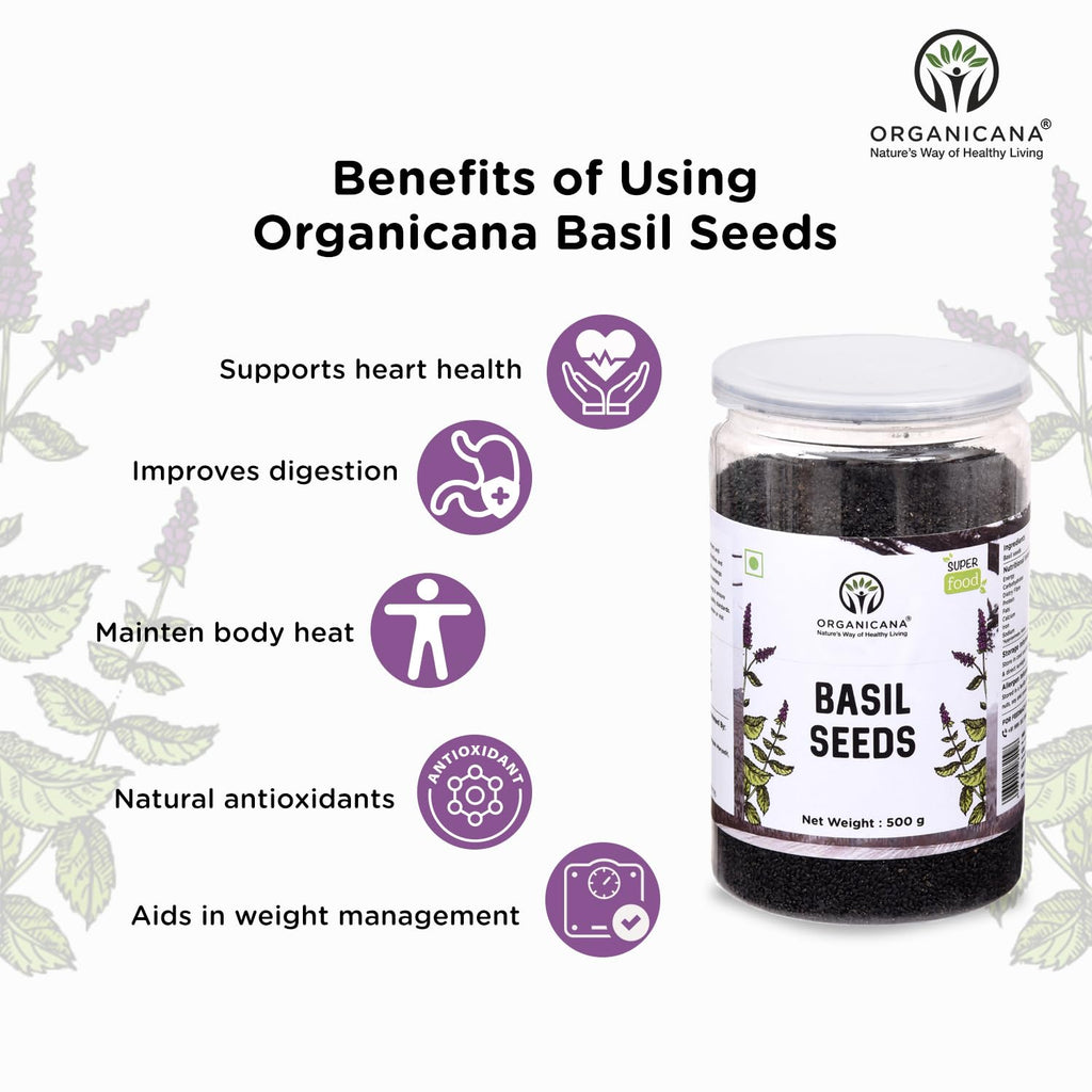 Organicana Basil Seeds 500gm (Pack of 1) Sabja Seeds - Beat the Summer Heat Nutrient-Rich, Pure Basil Seeds For Healthy Drinks, Smoothies, And Recipes Tukmaria Seeds for Weight Management