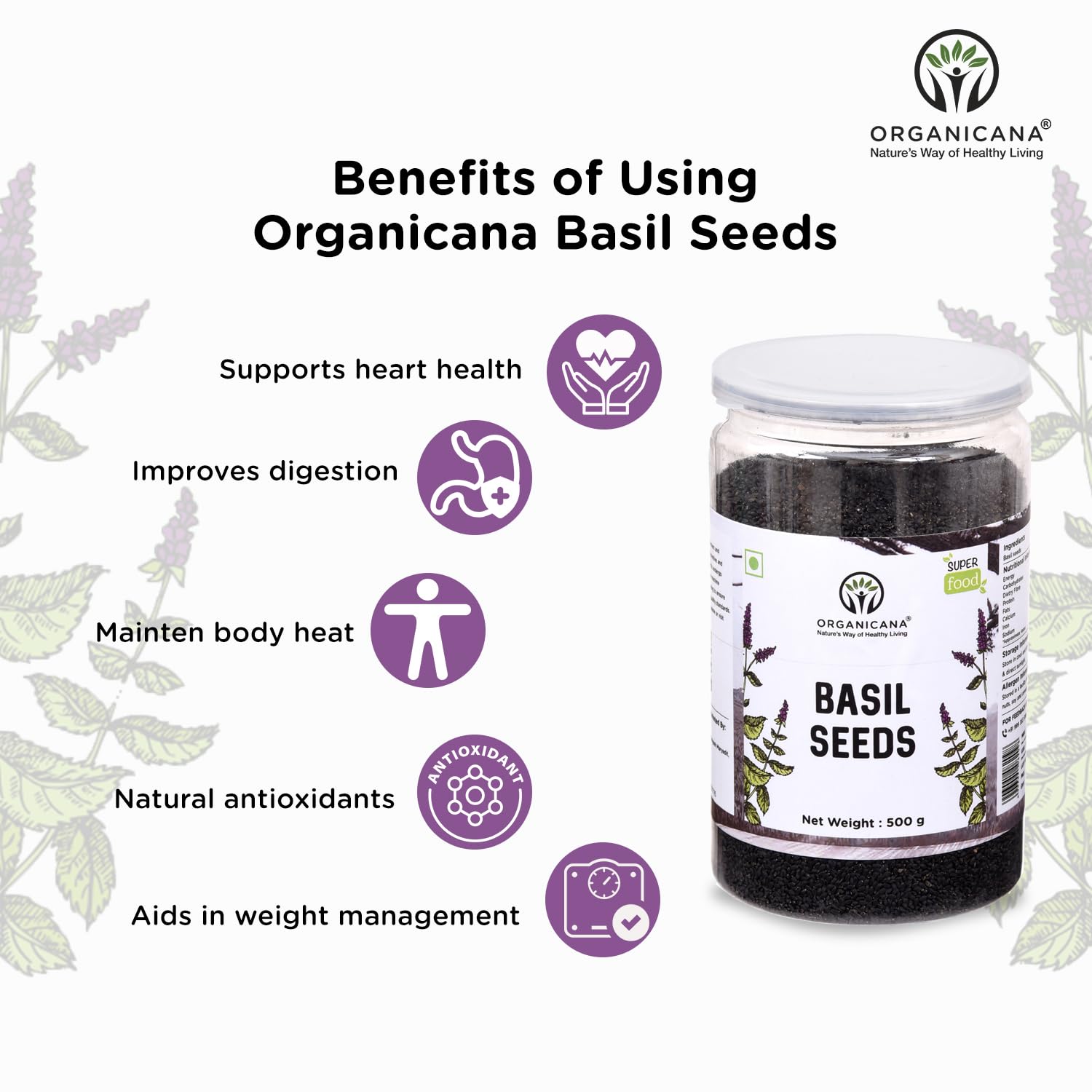 Organicana Basil Seeds 500gm (Pack of 1) Sabja Seeds - Beat the Summer Heat Nutrient-Rich, Pure Basil Seeds For Healthy Drinks, Smoothies, And Recipes Tukmaria Seeds for Weight Management