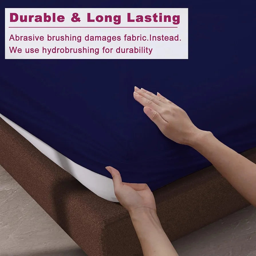 Trance Home Linen 100% Cotton 78 x 60 inch Queen Elastic Fitted Bedsheet 400TC Premium Queen Double Bed Size with 2 Pillow Covers Colour Navy Blue