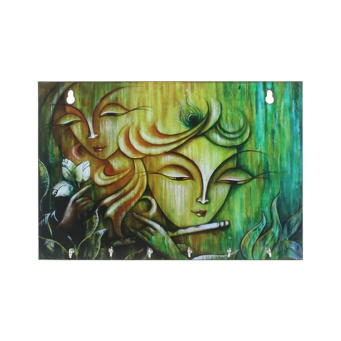 Ecraftindia Radhe Krishna Theme Wooden Key Holder With 6 Hooks