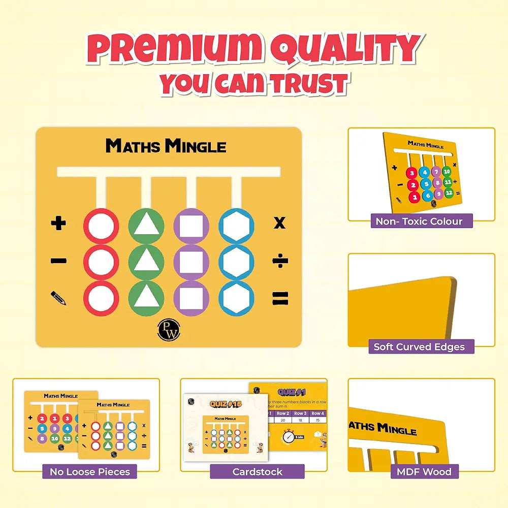 PW Wooden Maths Slide Puzzle Game for Kids Age 4-10 Solve Fun Puzzles with Quizzes & Learn Addition Subtraction, Multiplication Division Shapes Colours