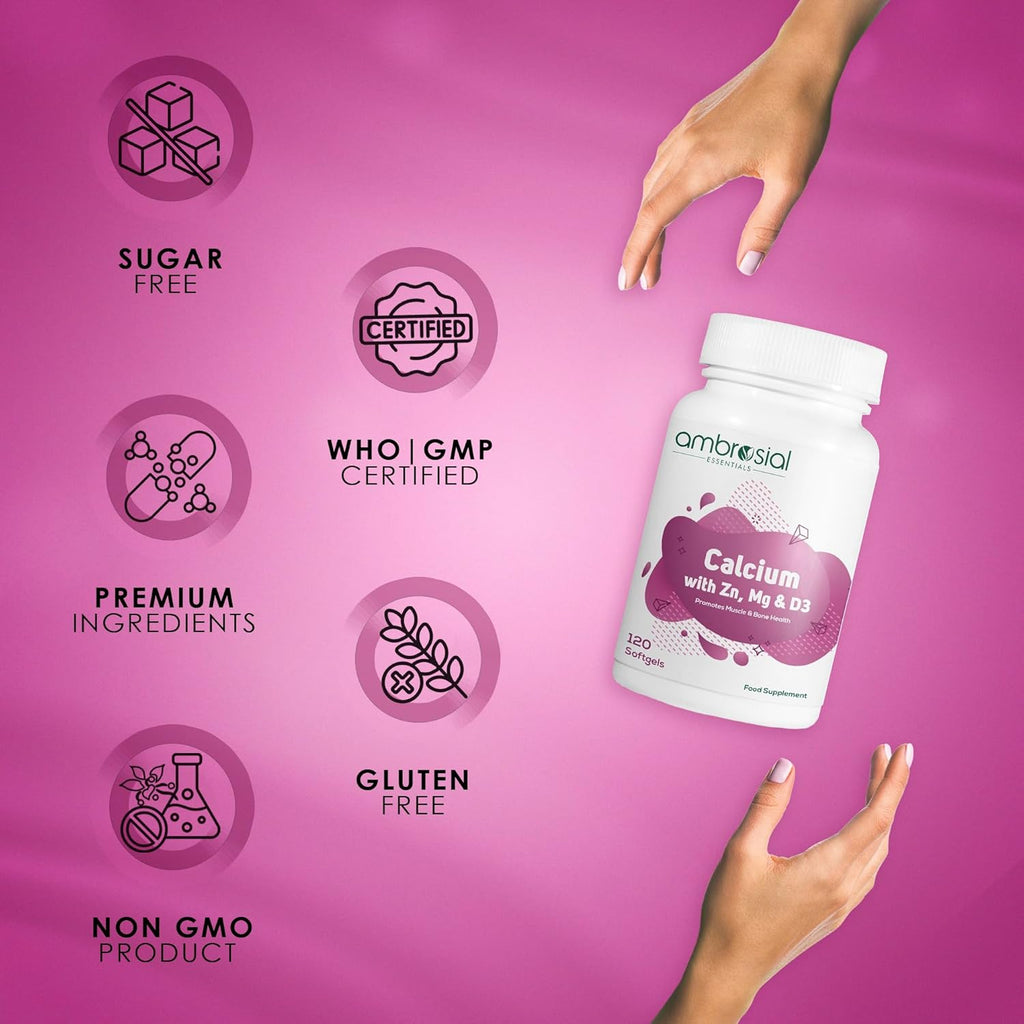 Ambrosial Calcium Magnesium Zinc & Vitamin D3| High Potency Calcium Tablets for Women & Men for Healthy Bones, Muscles & Teeth| Premium Calcium Supplements (Pack of 1-120 Softgels)