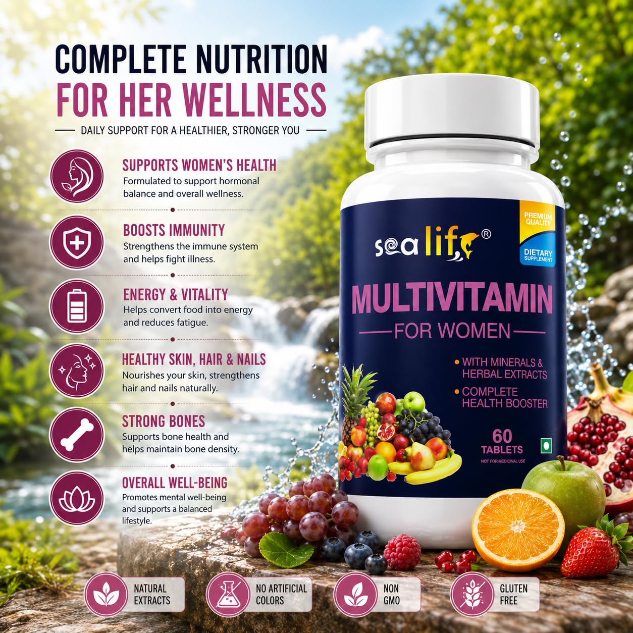 Sea Life Multivitamin For Women Complete Health Booster Vital Vitamins & Minerals with Herbal Extracts For Daily Health & Immunity (Pack of-1)