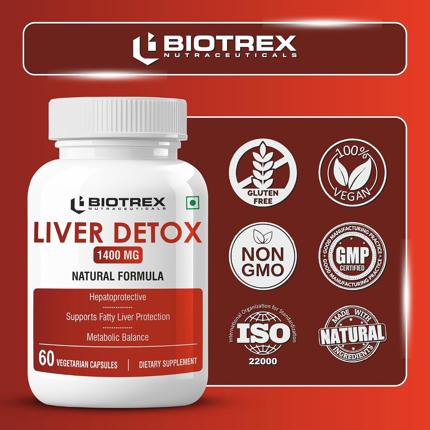 Biotrex Nutraceuticals Liver Detox 1400mg | Milk Thistle (85% Silymarin) with N Acetyl Cysteine | Hepatoprotective | Supports Fatty Liver Protection | Metabolic Balance | Natural Formula - 60 Veg Capsules
