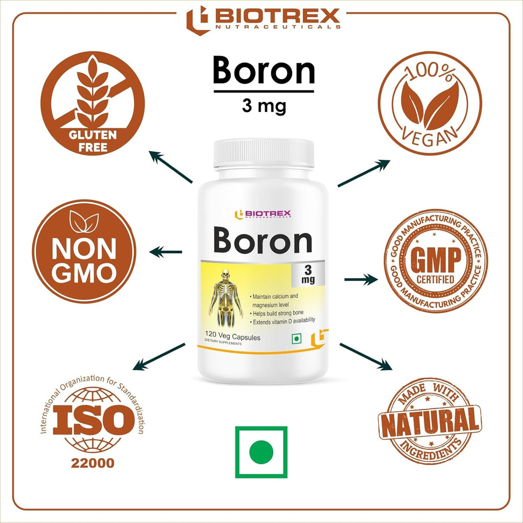 Biotrex Nutraceuticals Boron 3mg | 120 Veg Capsules | Build Strong Bones | Improve Muscle Coordination