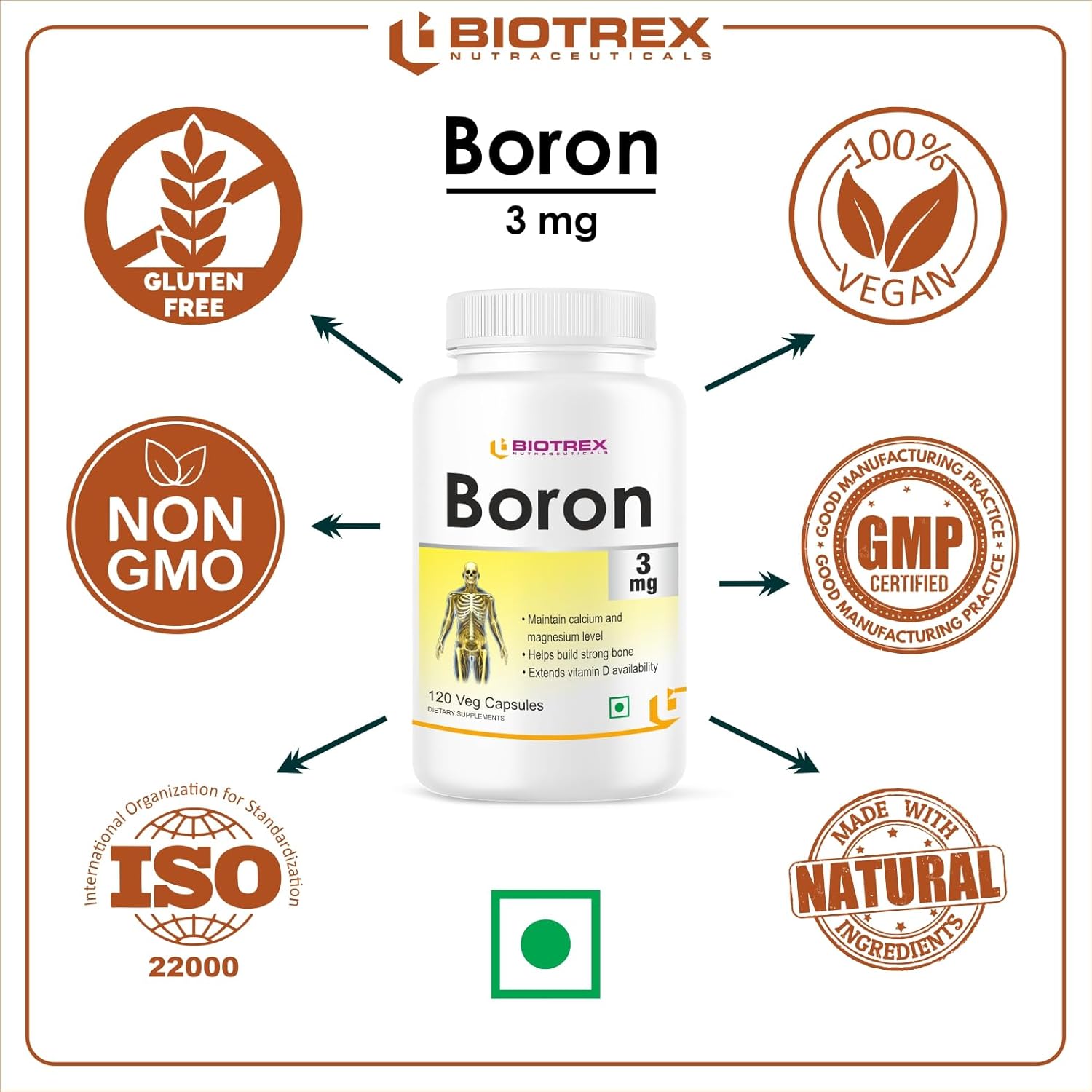 Biotrex Nutraceuticals Boron 3mg | 120 Veg Capsules | Build Strong Bones | Improve Muscle Coordination