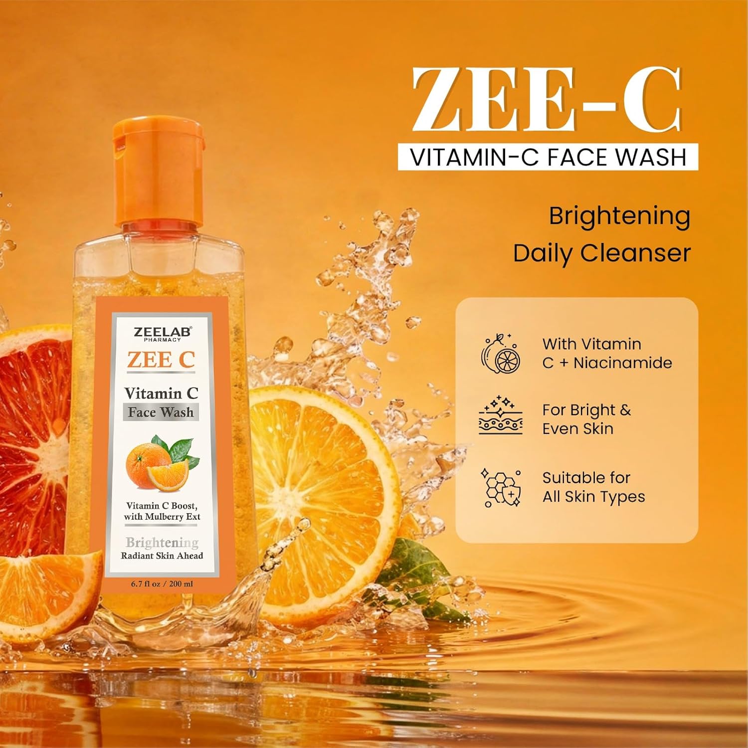 Zeelab ZEE-C Vitamin C Face Wash 200ml | Brightening Face Cleanser with Niacinamide, Aloe Vera, Licorice & Mulberry Extract | Helps Reduce Dullness, Dark Spots & Excess Oil | Gentle Daily Face Wash for Oily, Normal & Combination Skin