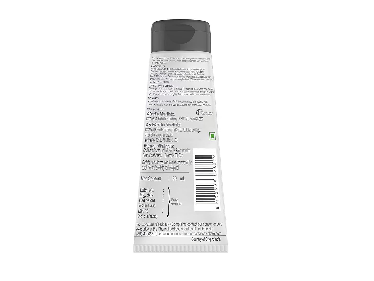 Raaga Professional Refreshing Facewash, With Real Green Tea Extract & Cinnamon, Normal to Oily Skin, 80 ml