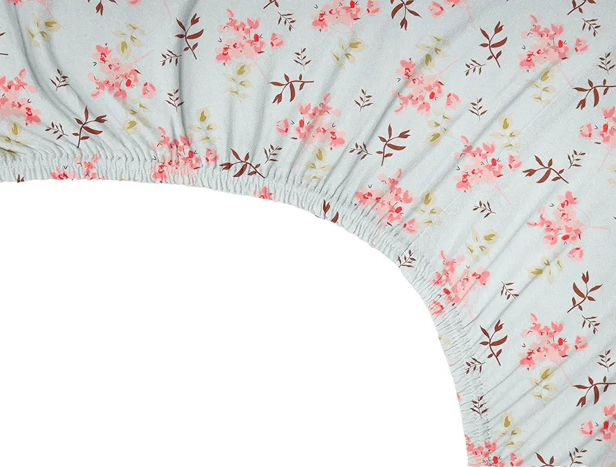 Homekart Premium Cotton Elastic Fitted Bedsheets with 2 King Size Pillow Covers Double Bed Flower Print Sky Blue and Pink 200 tc 220 tc