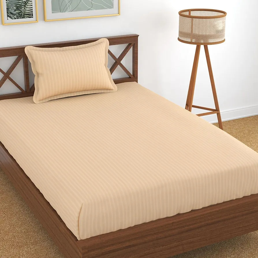 Homefab India 160 TC Stripe Glace Cotton Single BedSheet with 1 Pillow Cover Peach