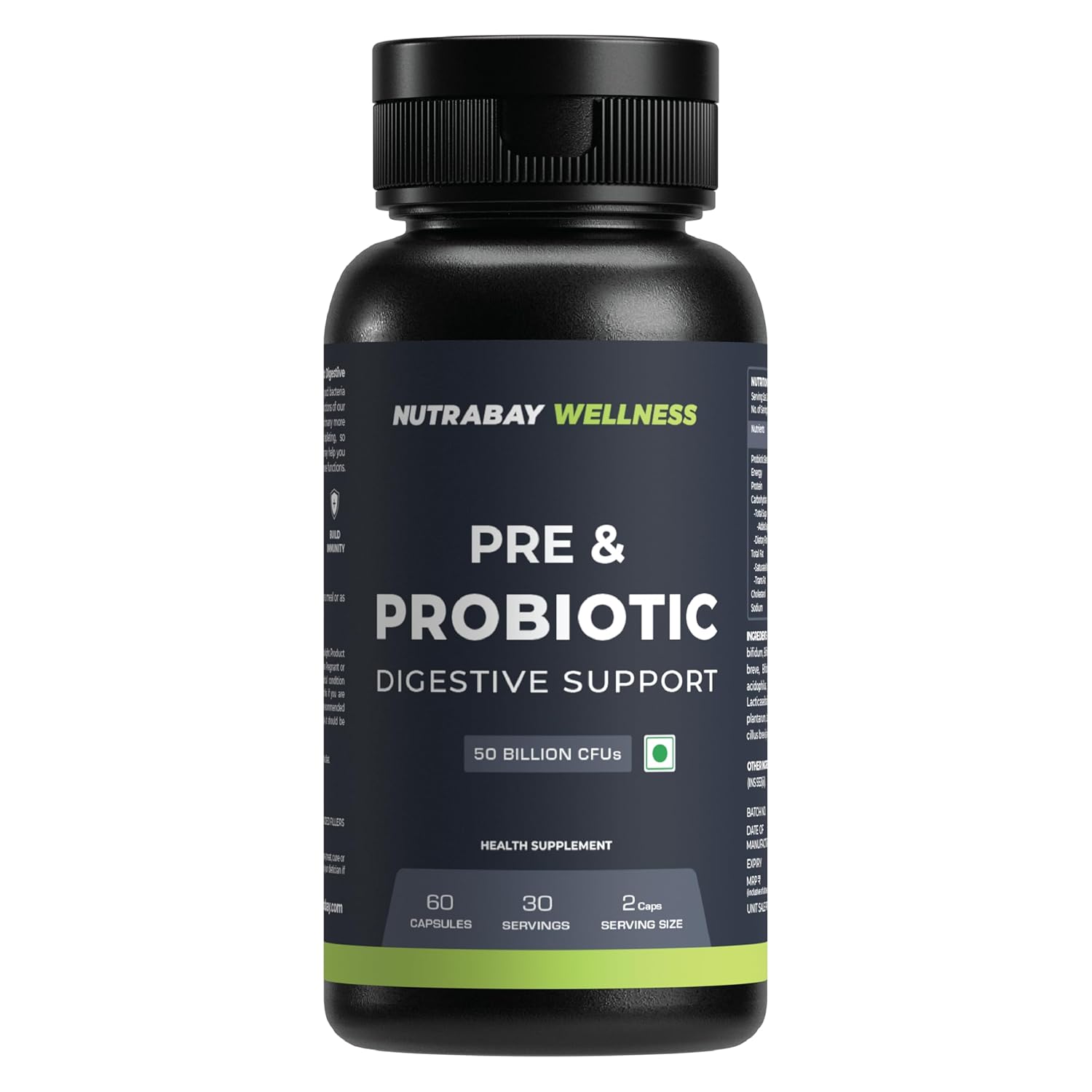 Nutrabay Wellness Pre & Probiotic Digestive Support 50 Billion CFUs - Improves Digestion & Immunity, Probiotic Supplement for Men and Women - 60 Veg Capsules