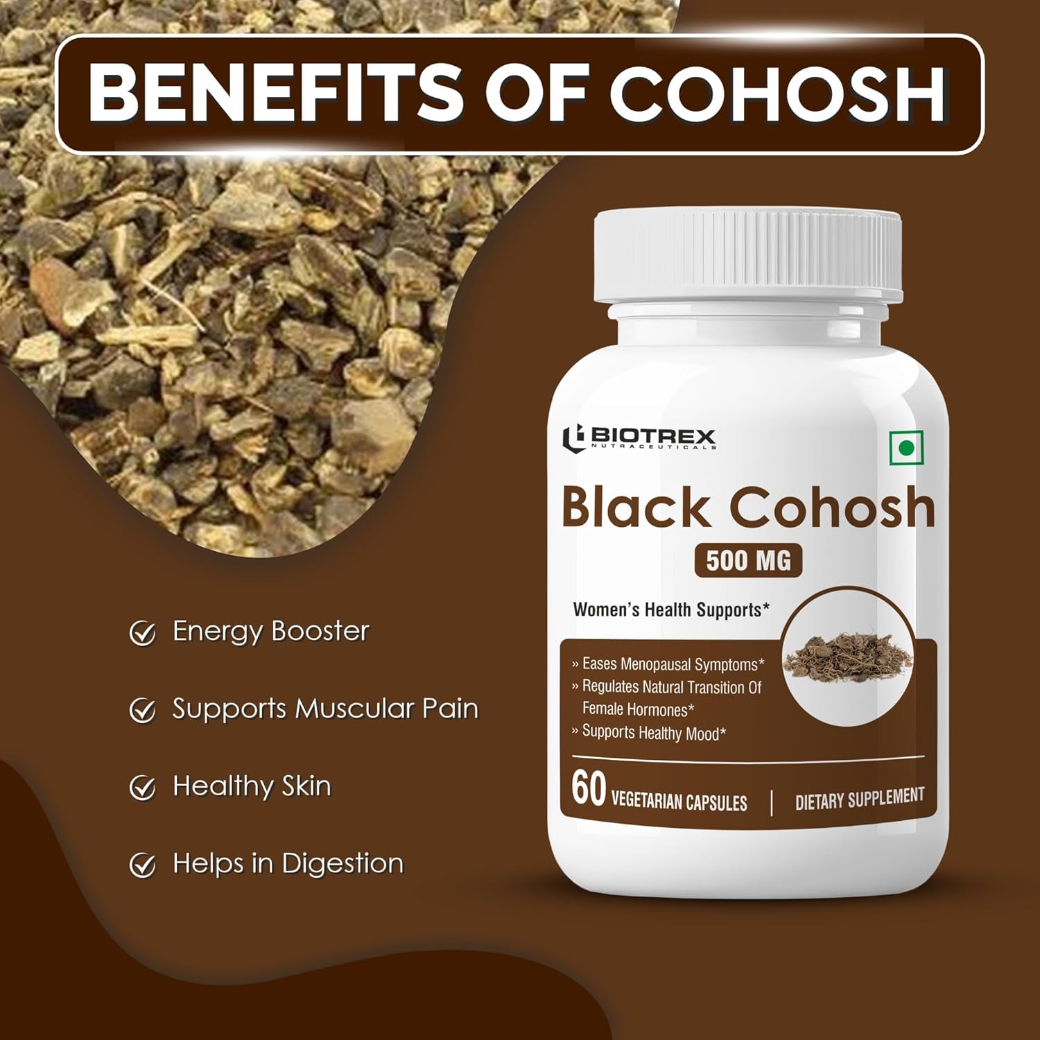 Biotrex Nutraceuticals Black Cohosh (10:1) 500mg | Supports Mood Balance & Hot Flashes | Overall Wellbeing & Bone Health | Non-GMO & Gluten Free | 60 Veg Capsule