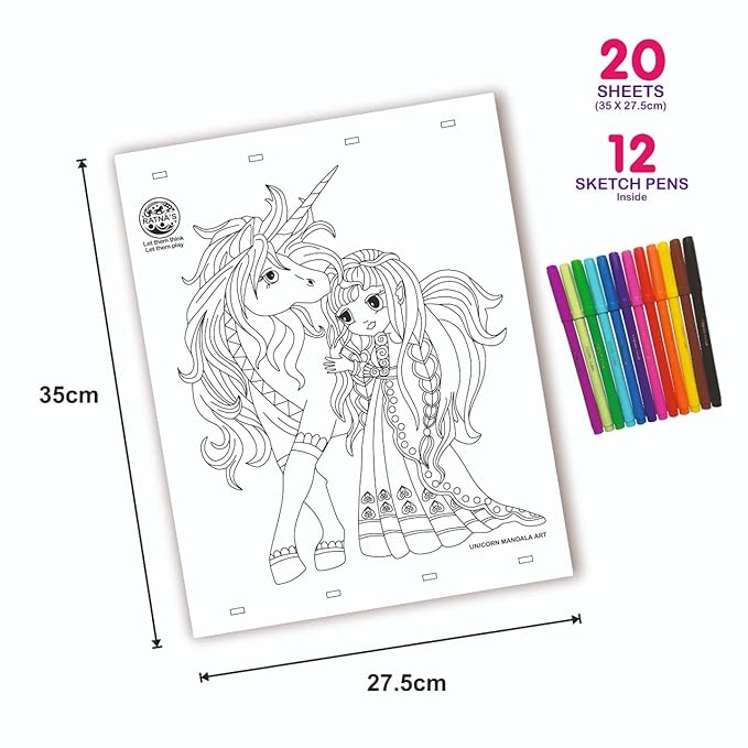 Ratna's Mandala Art Unicorn Colouring Kit | 20 Sheets With 12 Sketch Pens Inside | Creative Coloring Fun