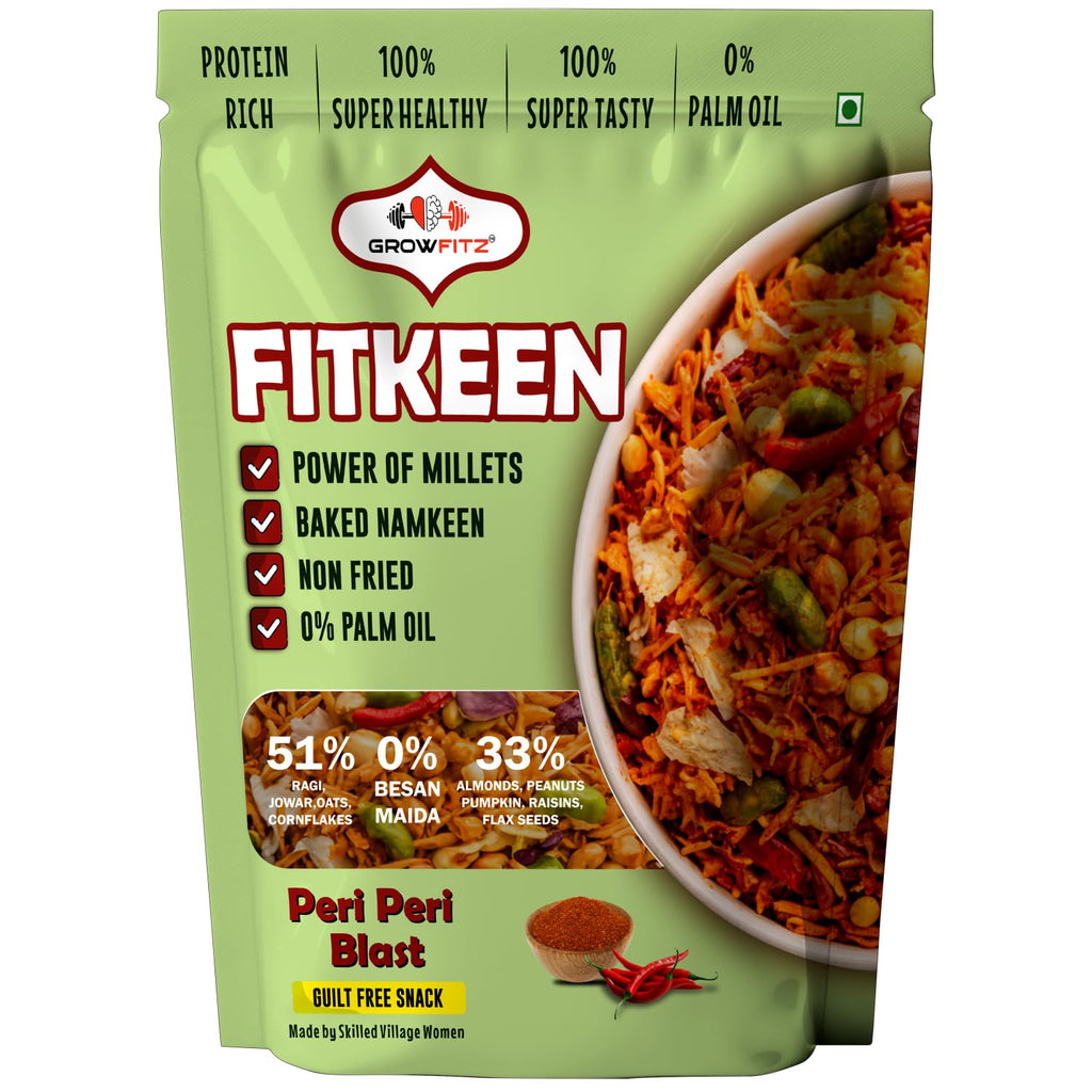 GROWFITZ Baked Namkeen Mixture 200g | Peri Peri Flavor | Non-Fried Millet Snack | 0% Palm Oil | 12.4g High Protein | Healthy Tea-Time Snack (200gram - Pack of 1, Peri Peri Spicy)