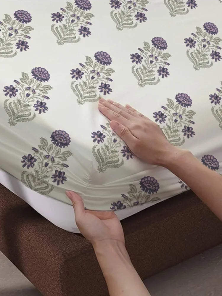 Trance Home Linen 180Tc 100% Cotton 78"X60" Standard Queen Size Elastic Fitted Bedsheet Printed Queen Bed Size With 2 Pillow Covers 180 TC Colour Aangan Purple