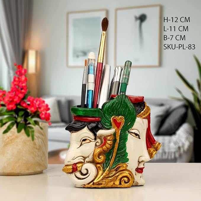 Indicast Resin 4" Inch Idol Ganesh and Krishna Pen Holder Tabletop Display Stand for Home & Office Desk Organizer