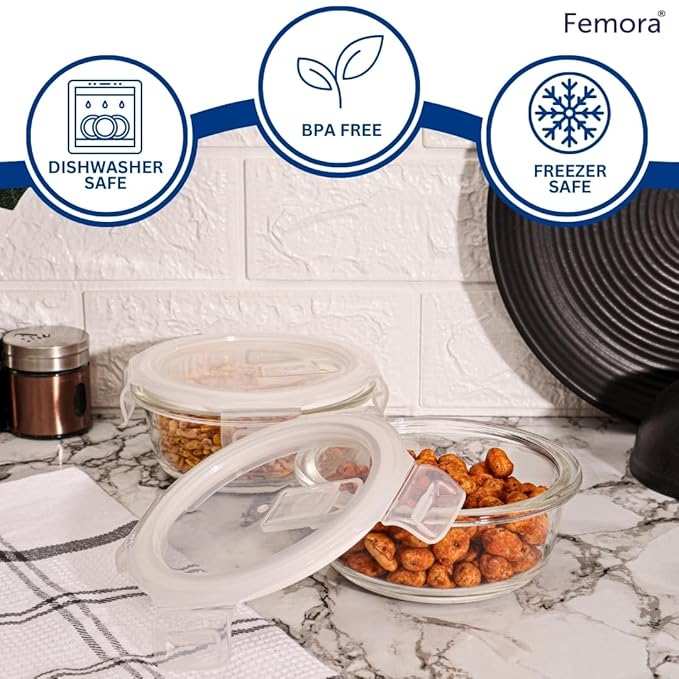 Femora Borosilicate Glass Containers for Kitchen | Storage Box for Kitchen With Air Vent Lid | Set of 3 | 380 Ml, 580 Ml, 940 Ml