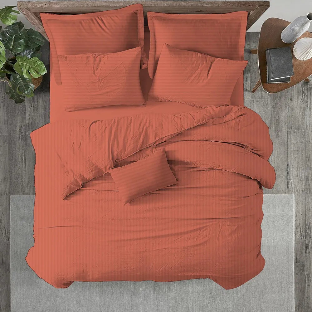 Trance Home Linen Zippered 100% Cotton 200 TC Satin Stripe Queen Duvet Cover Quilt Cover with 2 Pillow Covers Colour Copper Rust