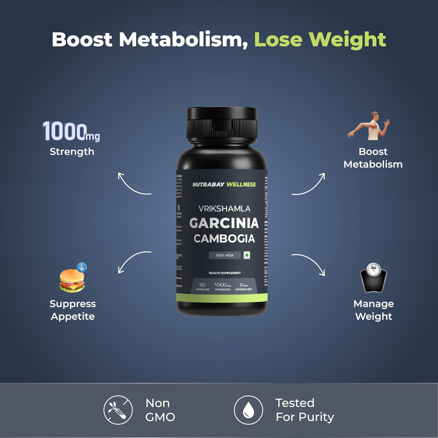Nutrabay Wellness Garcinia Cambogia Extract for Weight Management, 100% Vegetarian & Natural Fat Burner for Men & Women - 1000mg, 60 Veg Capsules