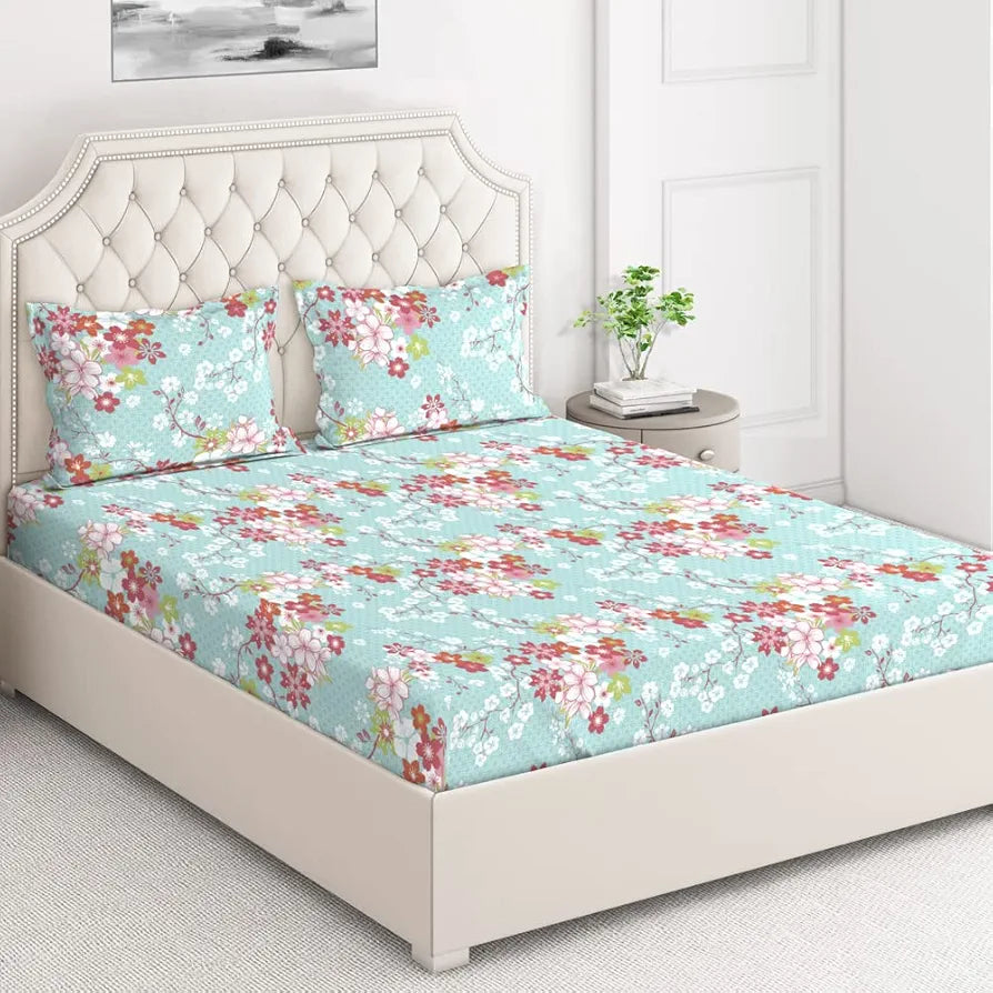 Layers Marigold Cotton Bedsheet Set for All Seasons Lightweight 144 TC King Size Turquoise