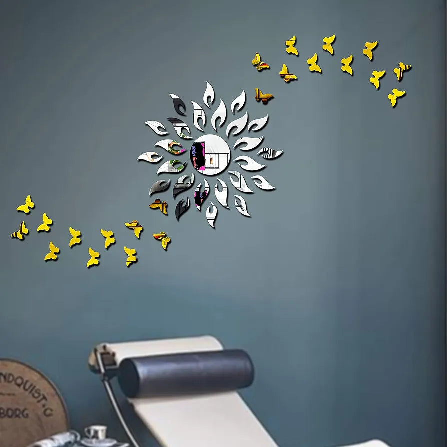 Bikri Kendra ART RTNS8 Sun Silver with 20 Golden Butterfly Decorative Mirror Stickers 3D Acrylic