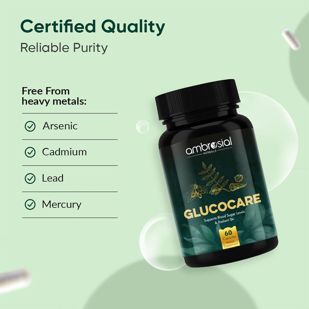 Ambrosial Glucocare Blood Sugar Control Tablets | Premium Herbal Formulation with Karela Jamun & Neem for Diabetes Care | Supports Healthy Blood Glucose Levels (Pack of 1-60 Capsules)