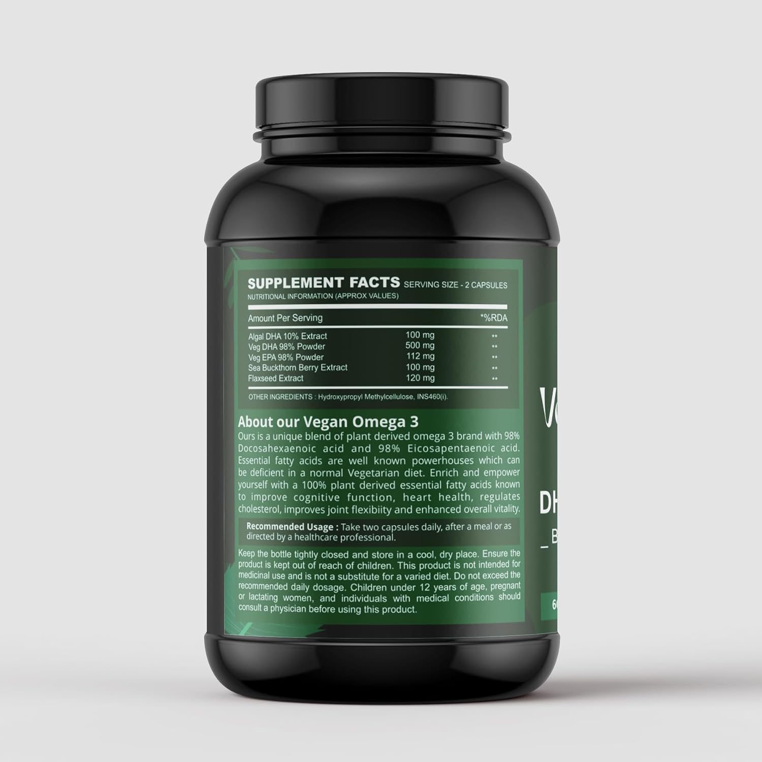 VITAL LIFE Vegan Omega 3 Vegetarian Capsules, 60 Caps | 98% DHA & EPA, Sea Buckthorn Berry, Algal DHA & Flaxseed Extract, Heart, Brain, Joint & Skin Health