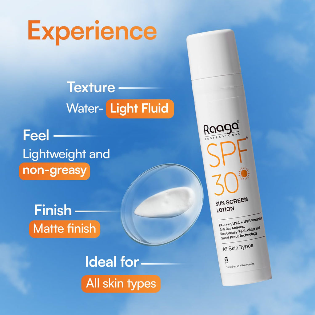 Raaga Professional SPF 30 Sunscreen Lotion | PA++++, UVA + UVB Protection, Anti Tan Activities, Non-Greasy Feel, Water and Sweat Proof Technology (55 ml)