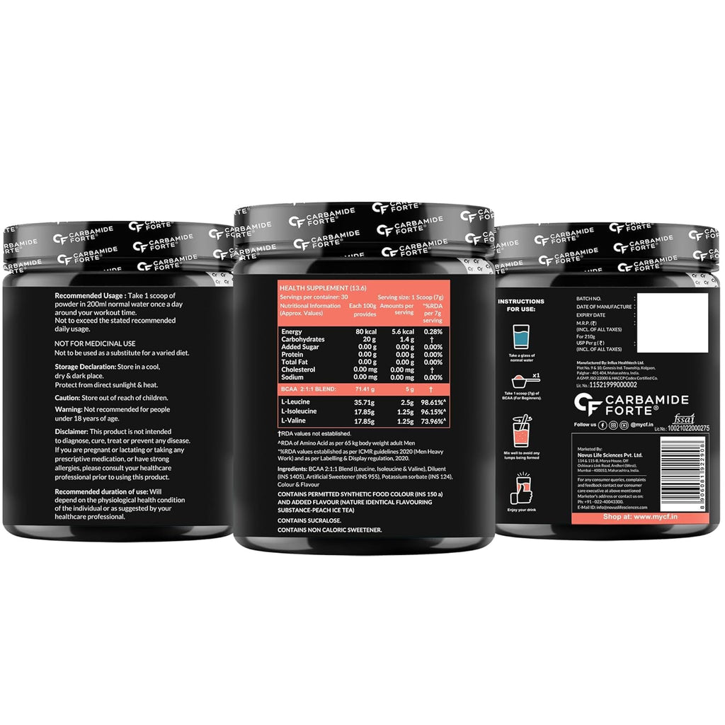 Carbamide Forte BCAA Powder 5000mg | 2:1:1 Ratio BCAA Supplement for Men & Women | Muscle Recovery & Growth | Pre & Intra Workout | Peach Ice Tea Flavour â€“ 210g
