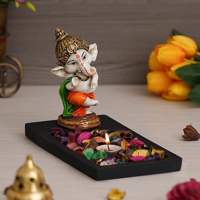 Ecraftindia Polyresin Baal Ganesh Dancing Showpiece With Rectangle Wooden Base Plate | Fragranced Petals & Tealight