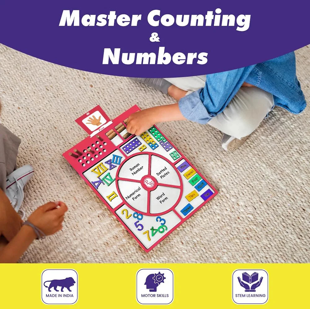 PW Curious Jr. Counting Wizard Math Learning Set, Wooden Board with Number Cards, Counting Sticks, Word Form