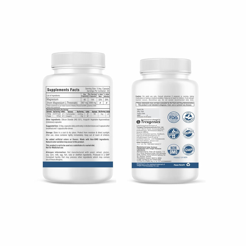 Trexgenics Magnesium L Threonate Cognitive Function & Brain Health Support (90 Veg. Capsules)