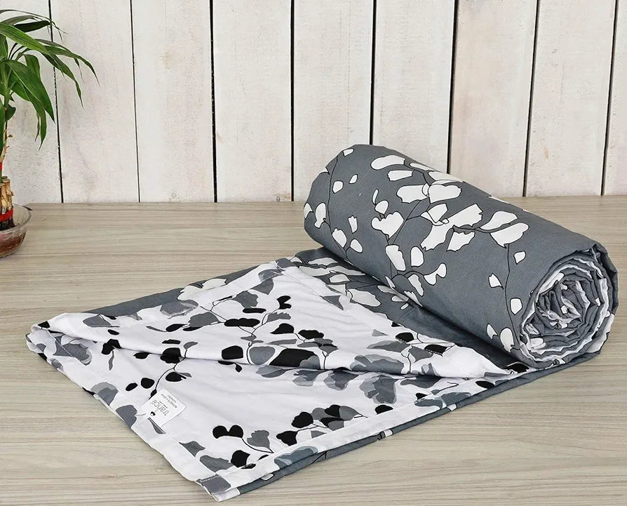 Trance Home Linen Pure Cotton Reversible Dohar Toddler Size Cotton AC Quilt for Babies Colour Grey White Leaves Abstract