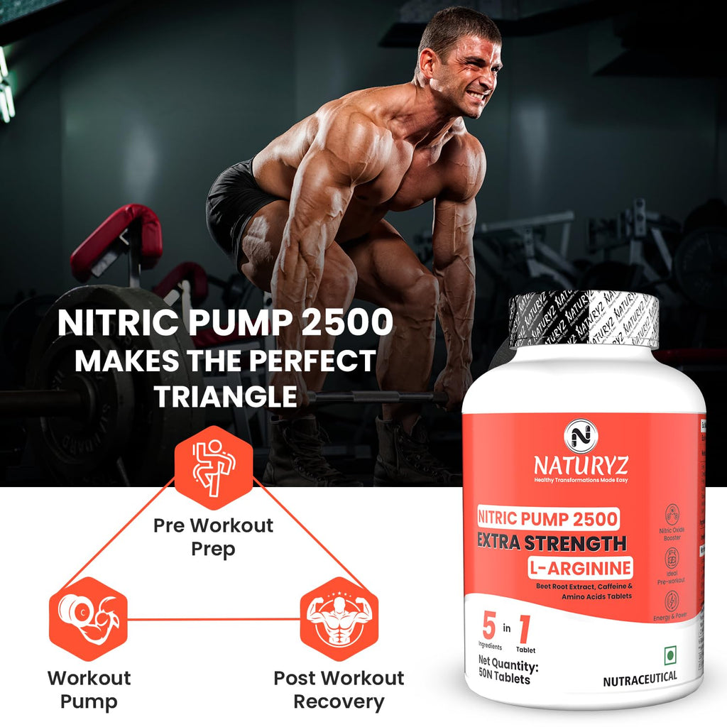 NATURYZ Nitric Pump 2500 Mg Extra Strength L-Arginine | L Citrulline | Caffeine | Boosts Stamina | Energy | Increases Blood Flow | Improves Performance | Ideal Pre-workout Supplement for Men & Women- 50 Tablets