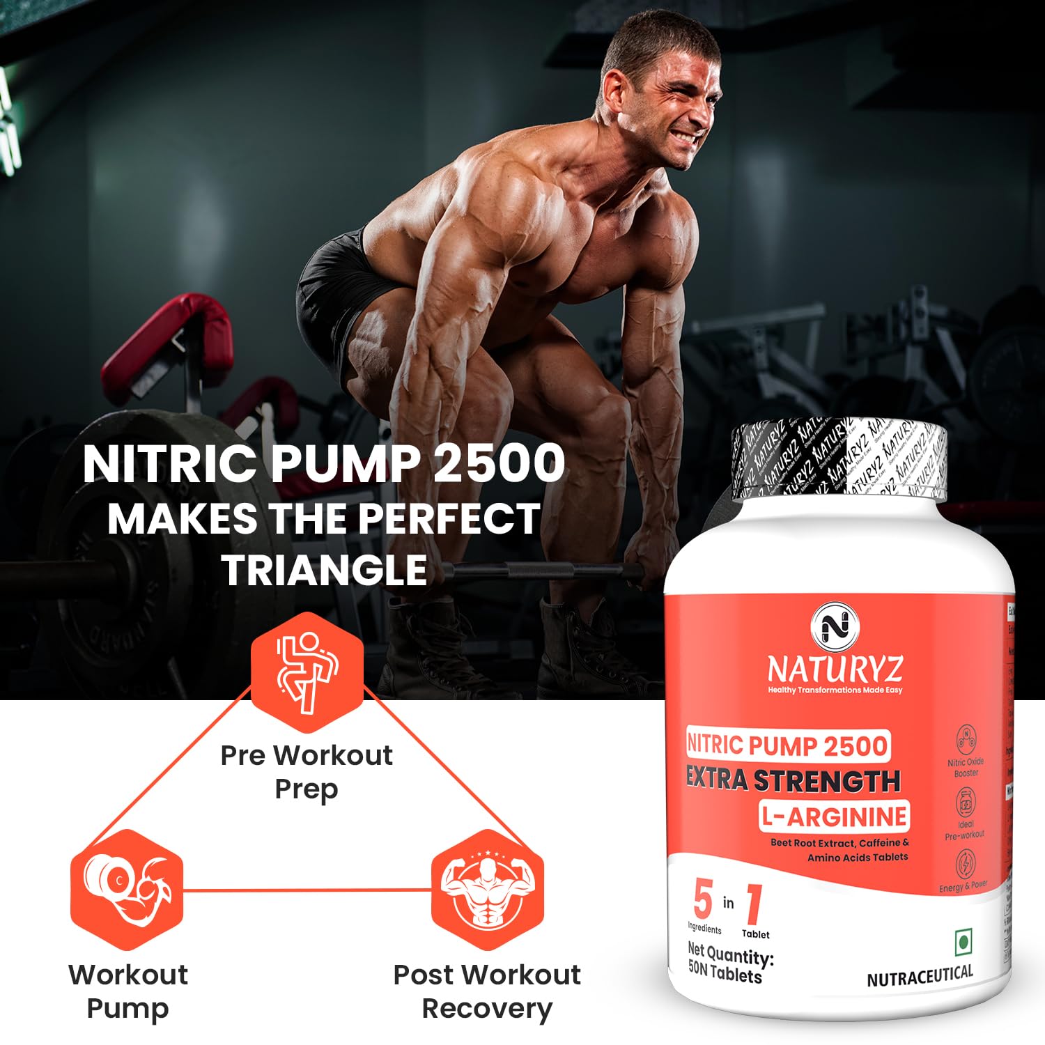 NATURYZ Nitric Pump 2500 Mg Extra Strength L-Arginine | L Citrulline | Caffeine | Boosts Stamina | Energy | Increases Blood Flow | Improves Performance | Ideal Pre-workout Supplement for Men & Women- 50 Tablets