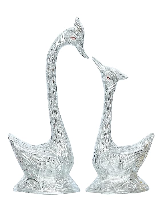 Ecraftindia 12 Inch Silver Kissing Swan Couple Handcrafted Decorative Figurine