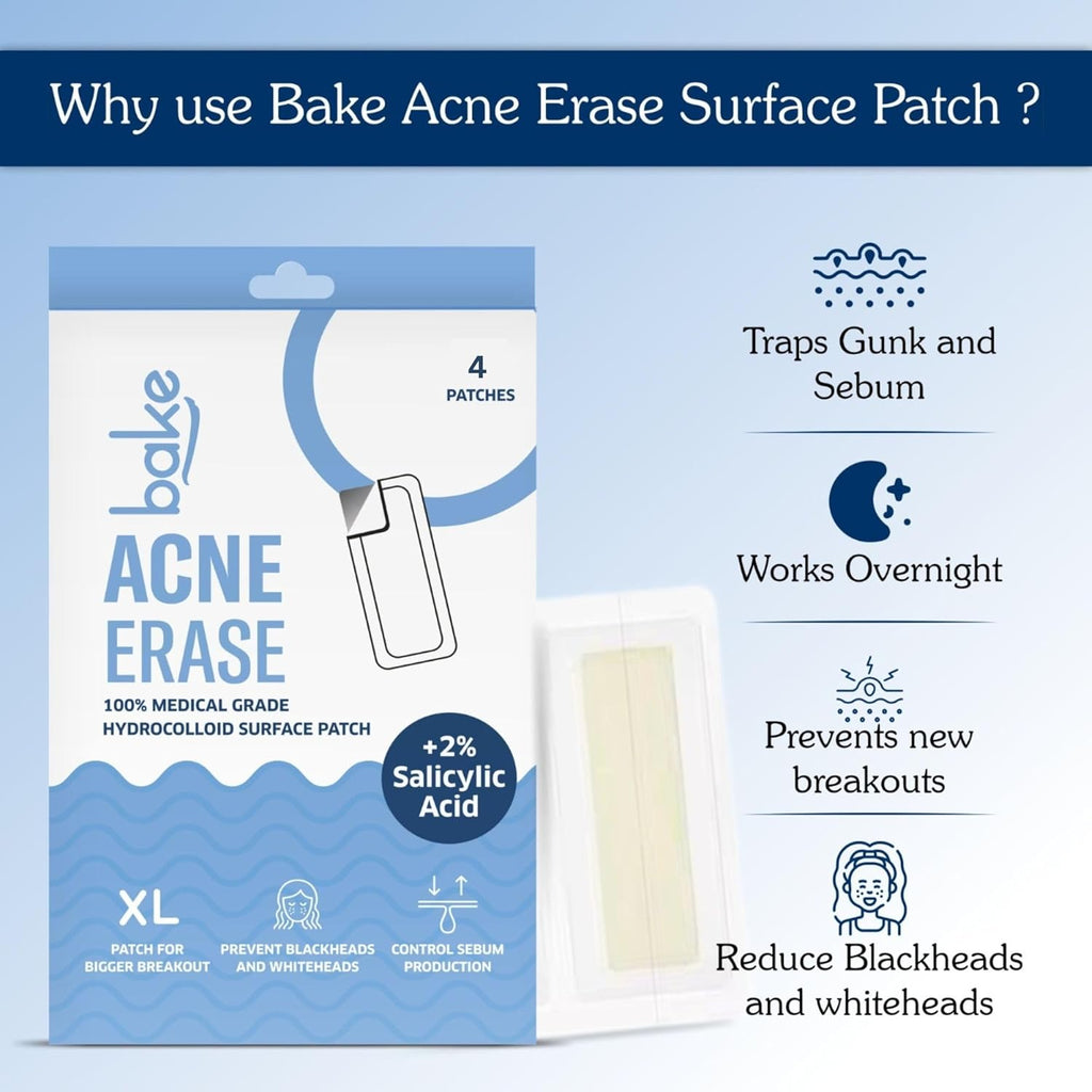 BAKE 2% Salicylic Acid Hydrocolloid Acne Absorbing (4 Patches) Surface Patch XL Pimple Patches for Blackheads Removal | Large Acne Erase Strips | Pore Cleansing & Reduces Whiteheads (4 Strips)