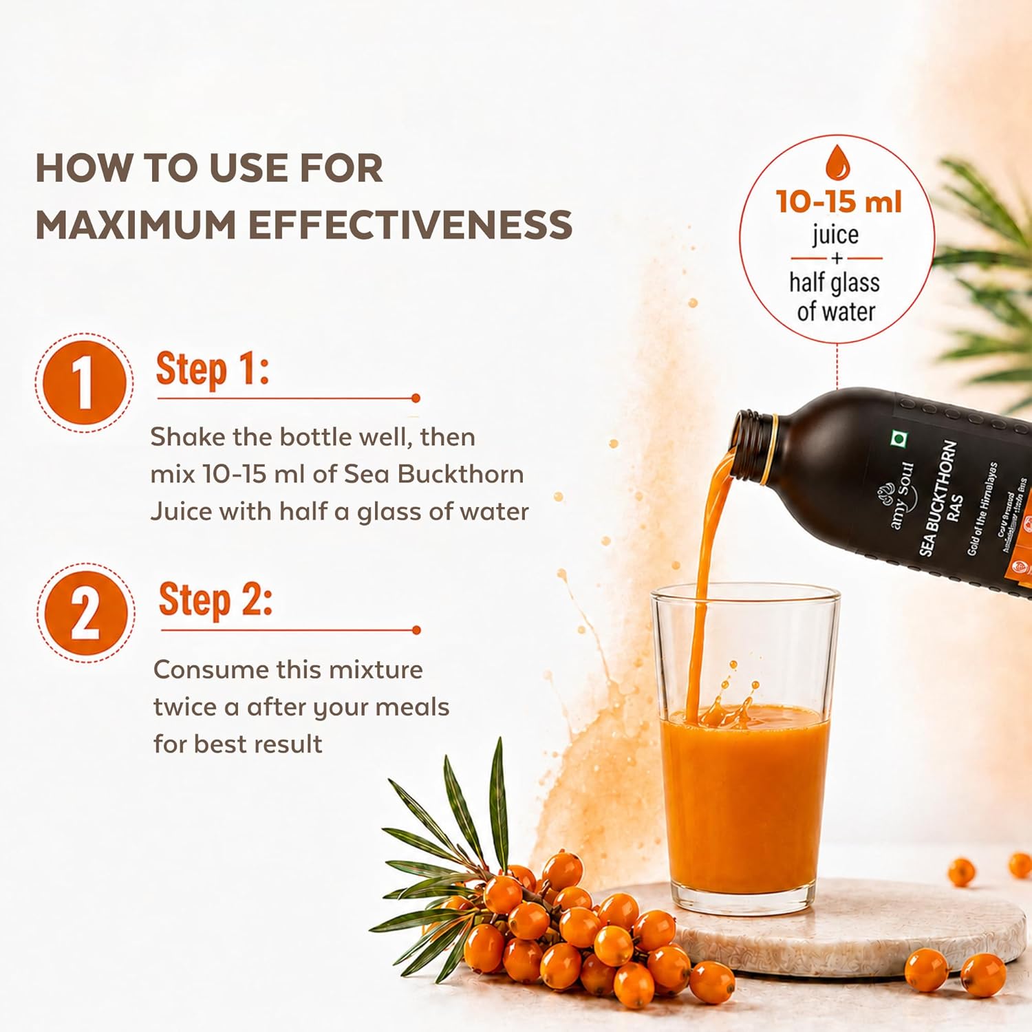 Sea Buckthorn Juice 425ml | Natural Wellness Drink with Vitamin C, Omega 3 6 7 9 & Antioxidants | Sea Buckthorn Ras for Immunity Support, Skin & Hair Wellness, Energy & Digestion | Dark Glass Bottle | No Added Preservatives