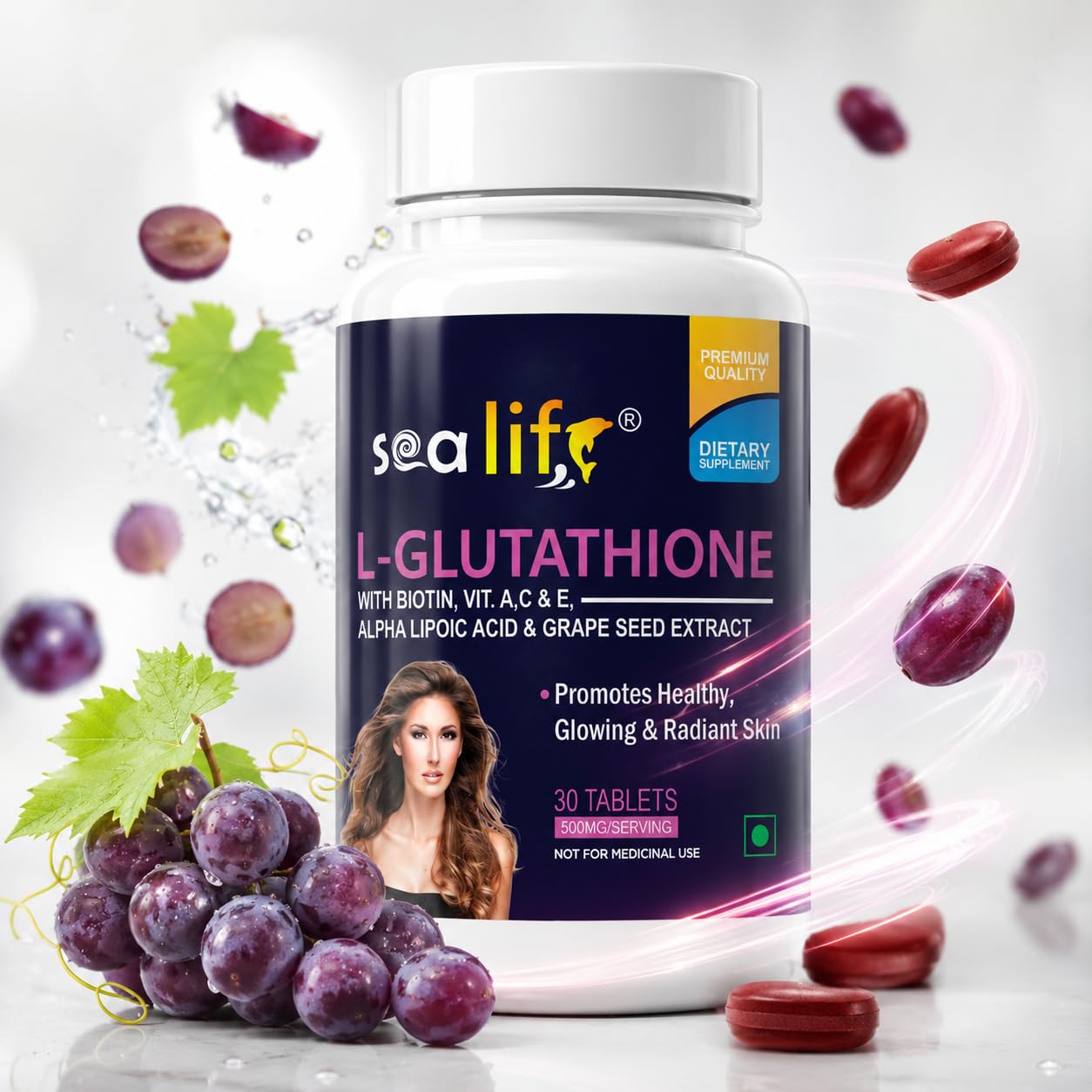 Sea Life Glutathione Tablets With Biotin, Vitamin A, C, E, Alpha Lipoic Acid, and Grape Seed Extract | for Healthy & Radiant Skin for Men & Women 30 Tablets